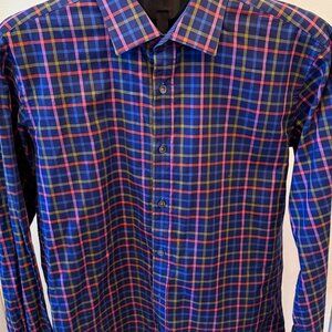 Bugatchi Shaped Fit Button Down Shirt Mens Medium Blue Plaid Long Sleeve